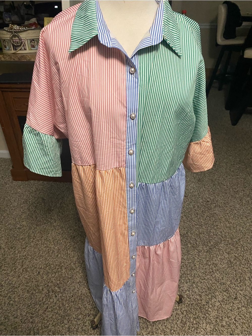 Simplee Apparel Blue, Green, White Striped Shirt Dress